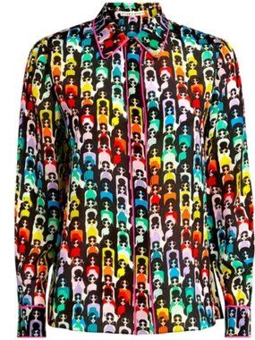 Alice + Olivia Willa Stace Face Multicolor Silk Button Up Top, NWT, Size Small